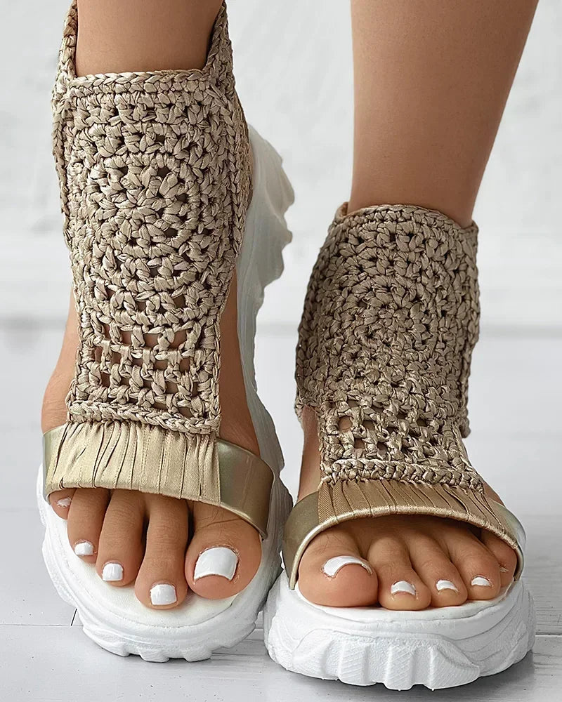2024 Hot Seller New Gold Knitted Sandals for Women Braided Elastic Summer Shoes Mesh Flat Bottom Hollow Out Female Sandals