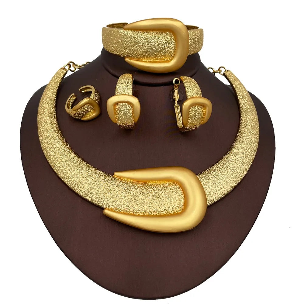 Gold Color Large Necklace Bangle Big Earring Ring Wide Bracelet Bridal Jewellery