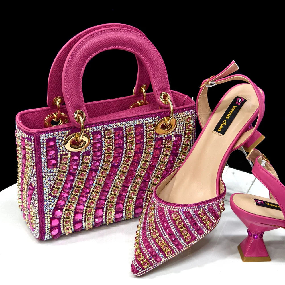 Women's Elegant Heels Rhinestone Handbag Set Italian Design for Weddings