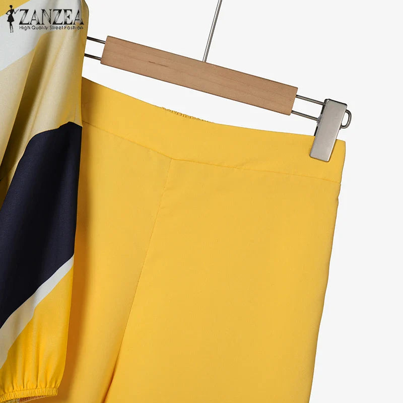 2PCS Summer Pant Sets ZANZEA Fashion Women Outfits 3/4 Sleeve Printed Blouse Trousers Suit Casual Work Tracksuits Matching Sets