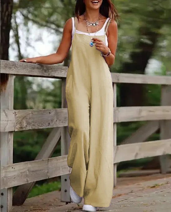 Women's Sleeveless Plus Size Jumpsuit Cotton And Linen Solid Loose Wide Leg Slash Pocket Casual  Ankle-Length Pants 2024
