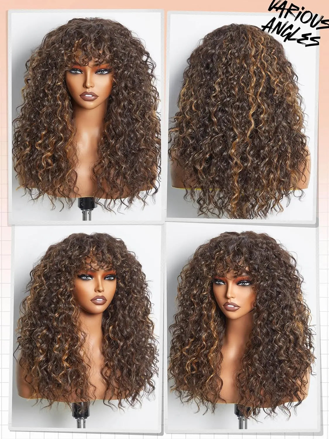 100% Human Hair Wigs with Bang Full Wig Brown Black Highlight Water Wave Machine Made Non Lace Wig with Fringe Bobbi Wig