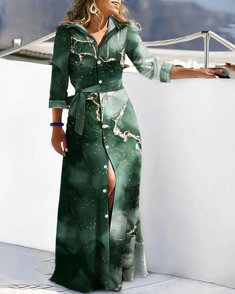 Autumn Lace-up Shirt Dresses Women Elegant Turn Down Collar Button Long Dress Women Fashion Striped Print Party Dress 2023