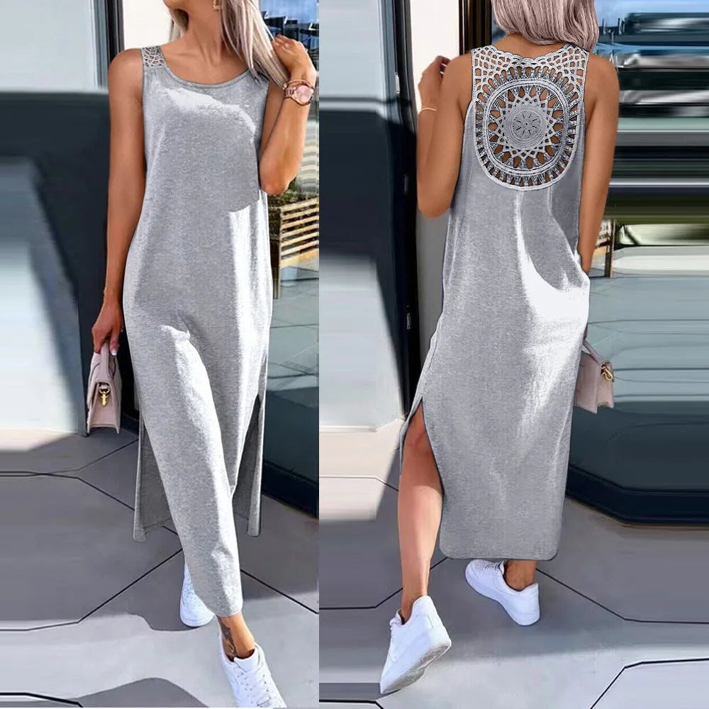 Sexy Backless Sleeveless Solid Midi Dress Women 2024 Summer Casual White Lace Long Dresses For Women Robe Femme