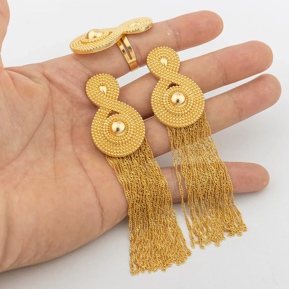 Dubai Gold Color Earrings For Women 18K Gold Plated Ring Set Ethiopian Jewelry Trend  Bride Jewellery Wedding Party Accessories