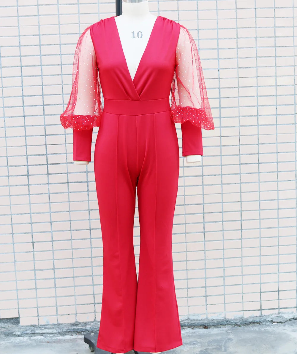 Ladies Elegant Office Jumpsuit Romper For Women 2023 High Waist Wedding Overalls Sequins Bodycon Long Sleeve Party Jumpsuit Club