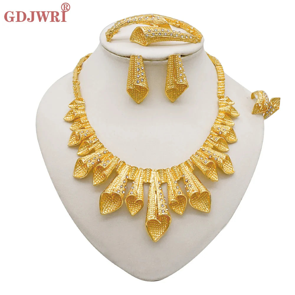Indian Dubai Gold Color Jewelry Sets For Women Earring & Necklace Nigeria Moroccan Bridal Wedding Party Gifts