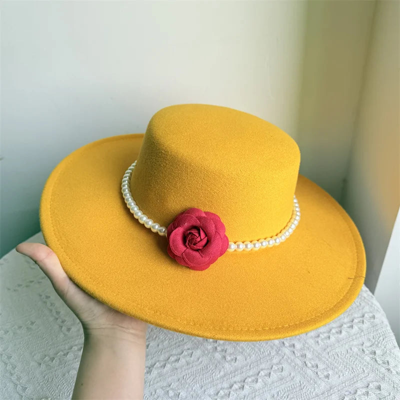 Women's Fashionable Fedora Hat 10CM Wide Brim Flat Top Felt Hats For Wedding And Jazz