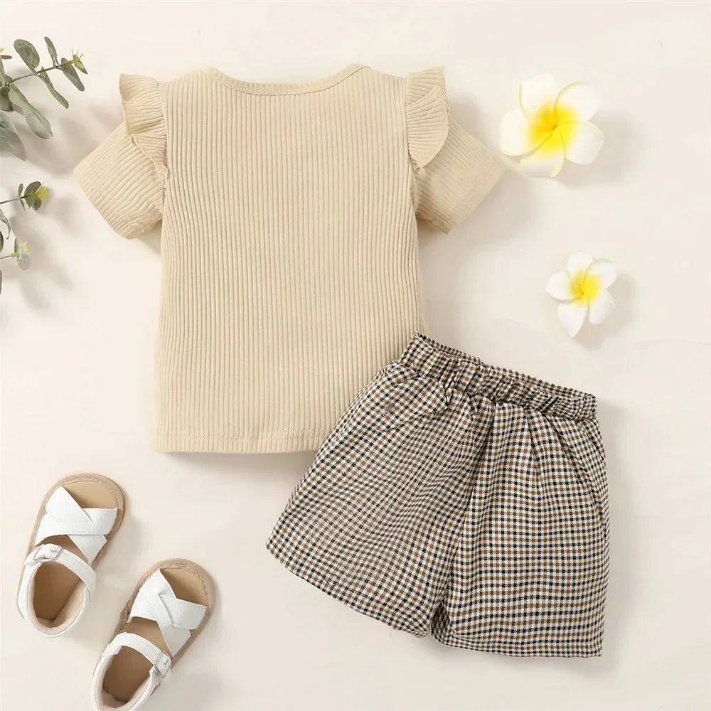 2PCS Toddler Baby Girl Clothing Set Letter Print Short Sleeve Top+Checkered Shorts Fashion Casual Suits for Kids Girl 1-6 Years
