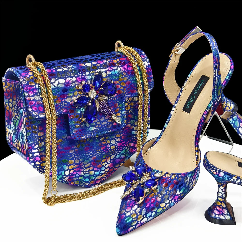 2024 Champagne Color Thin Heels Pointed Toe Crystal Design Ladies Shoes Matching Bag Set For Women Weeding Party Pump