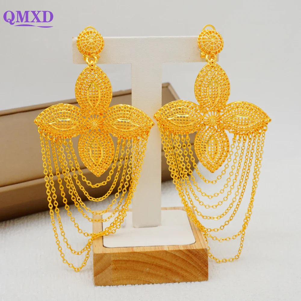 Bohemia Long Tassels Earrings African Dubai Gold Color Drop Earrings For Women Pendant Stud Earrings Wedding Jewellery Gifts