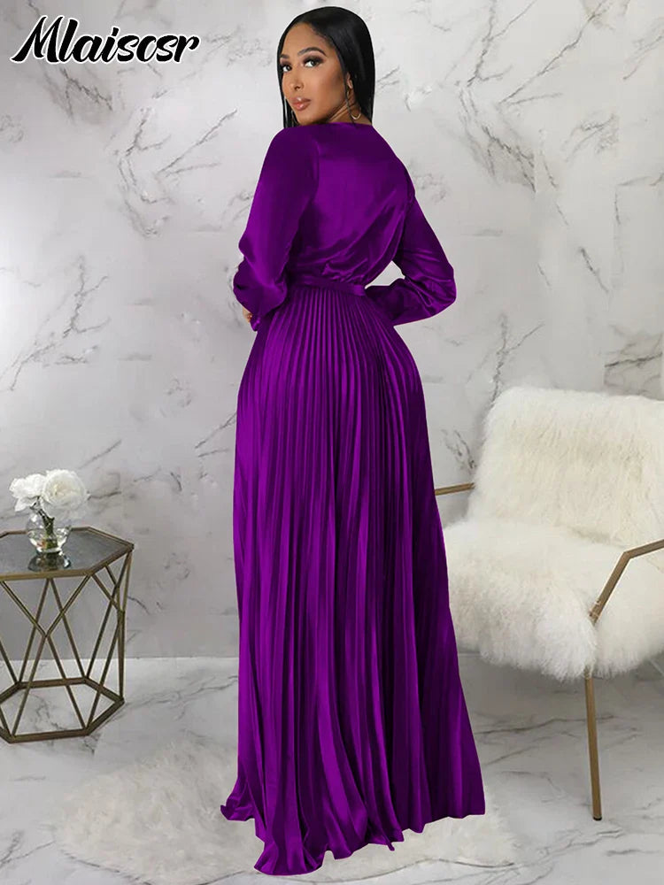 Mlaiscsr Elegant Wedding Guest Pleated Long Dress Women V Neck Lantern Sleeves Sashes Big Swing Sexy Birthday Party Evening Robe