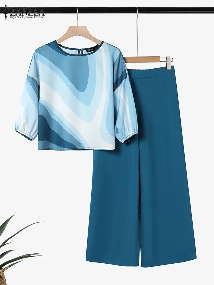 2PCS Summer Pant Sets ZANZEA Fashion Women Outfits 3/4 Sleeve Printed Blouse Trousers Suit Casual Work Tracksuits Matching Sets
