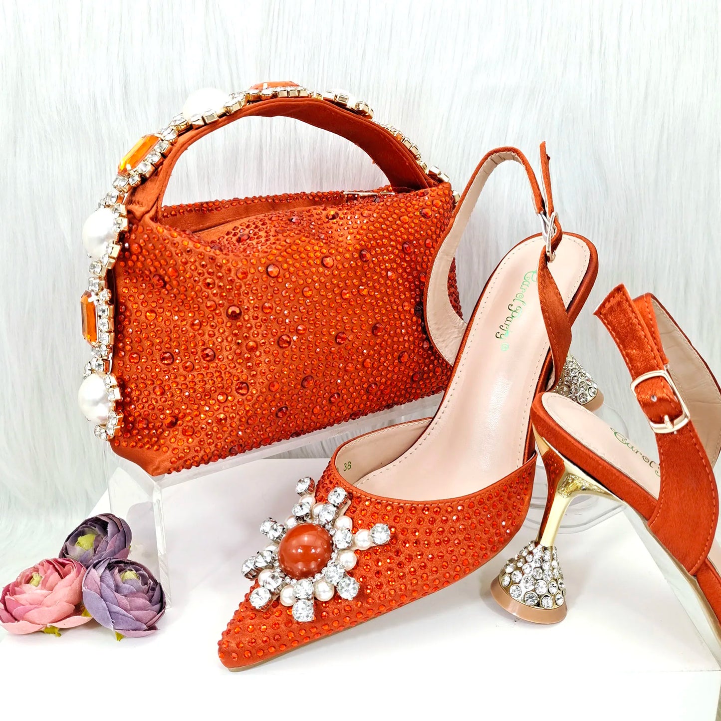 JMF New arrive Italian Design Blue Women's Fashion Rhinestone Pearl Point Toe Stiletto Heels Sandals Women's Shoes & Bag Set