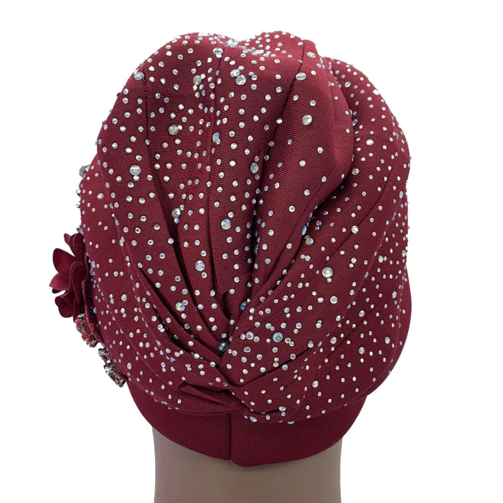 Elegant African Turban Cap with Shiny Rhinestone Ready to Wear Nigeria Auto Gele Headtie Party Women's Head Wrap Bonnet Turbante
