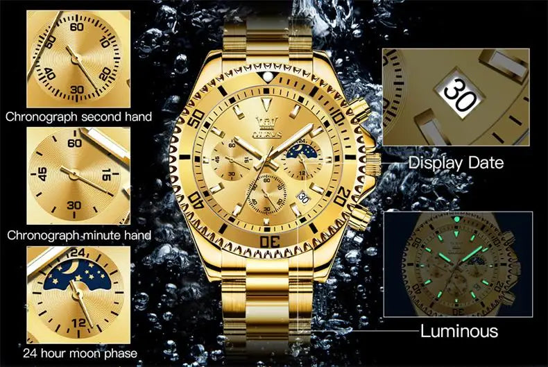 Men's Watches Top Brand Luxury Watch for Men Original Waterproof Stainless Steel Chronograph Moon Phase Date Rota Dial