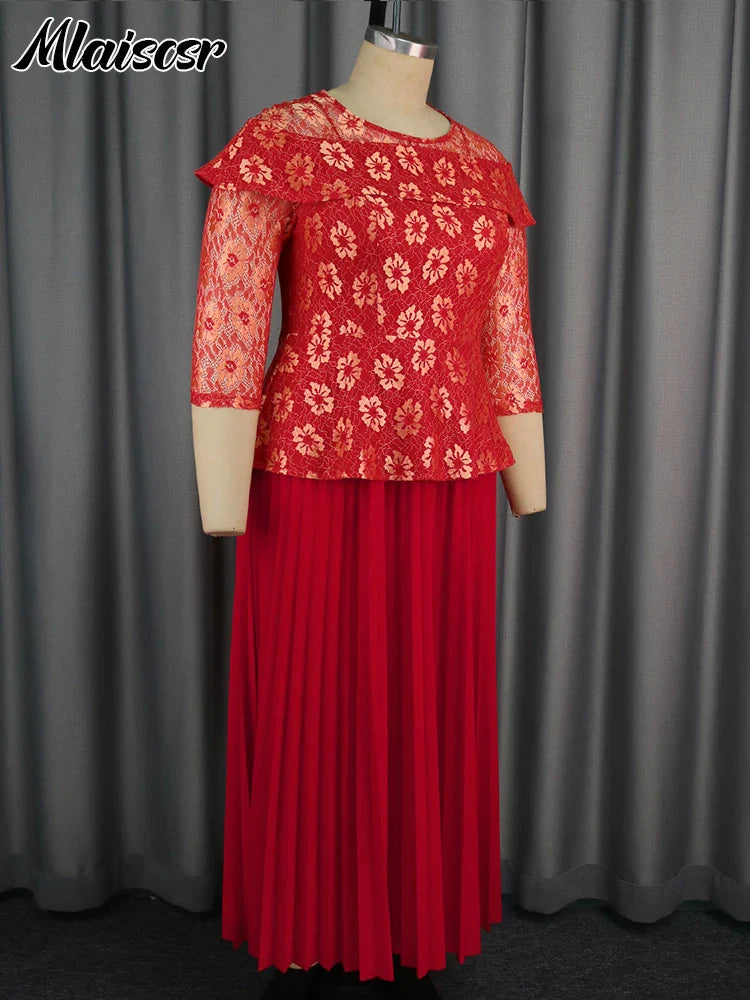 Mlaiscsr New Red Printed Lace Patchwork Pleated A-line Mid Dress 3/4 Sleeve Elegant Birthday Wedding Guest Prom African Vestidos