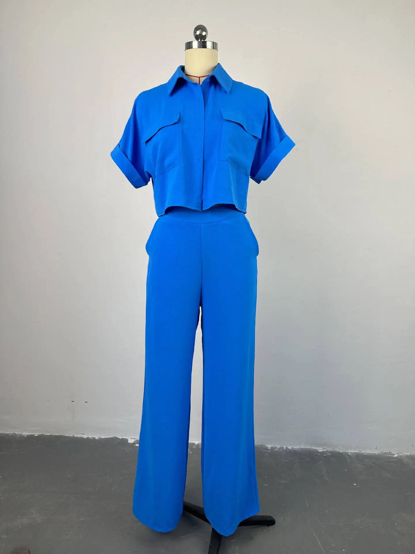 Casual Women's Solid Two Piece Sets Spring Summer Turn-down Neck Short Sleeve Loose Top & Wide Leg Pants Set Streetwear Outfits