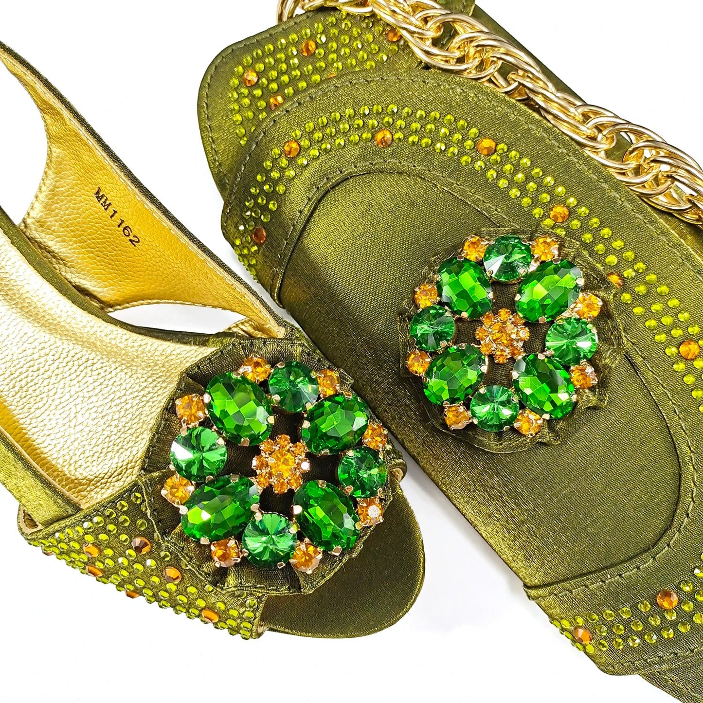 QSGFC Open Toe Women Heels for 2024 Elegant Party Olive Color Diamond Pumps Italian Shoes and Bags Matching Set