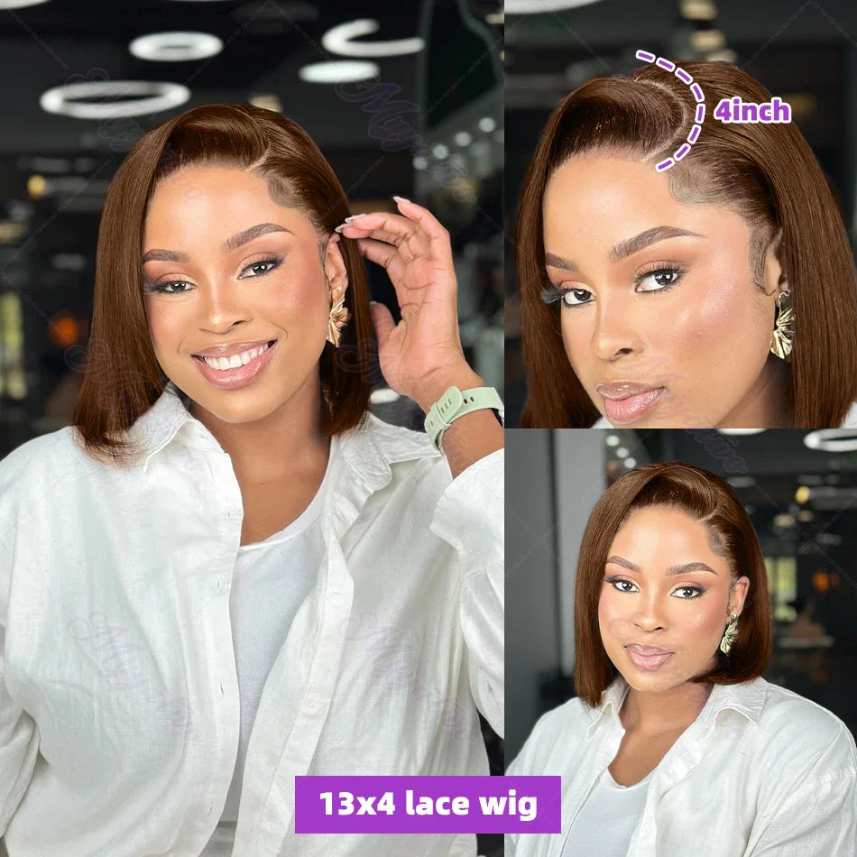 Brazilian  250 Density Short Bob 13x4 HD Transparent Lace Front Human Hair Wig Chocolate Brown Straight 13x5 Lace Frontal Wigs
