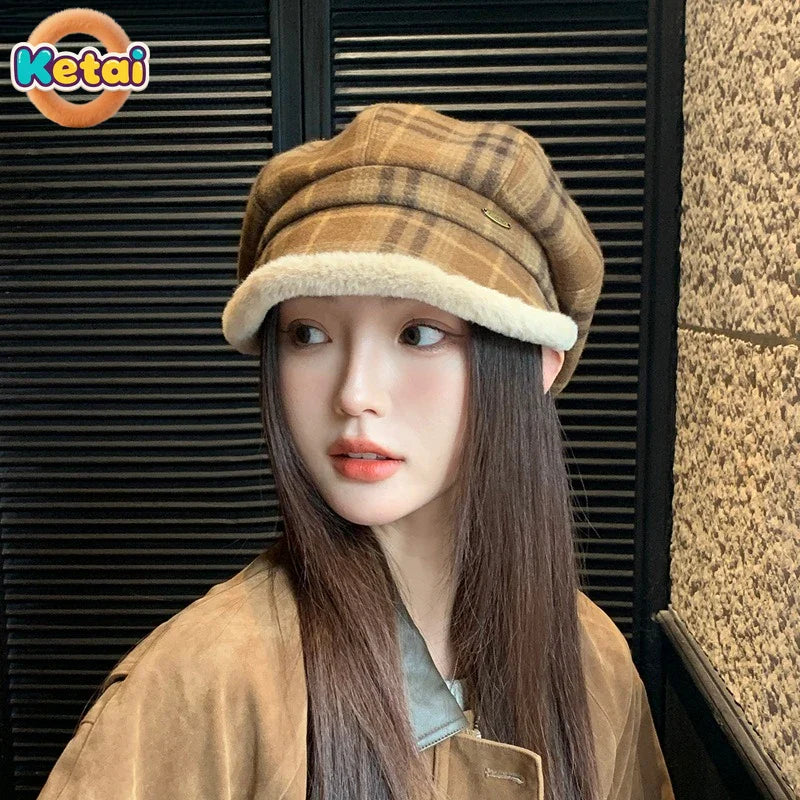 Winter Vintage Plaid Plush Warm Octagonal Women's Hat
