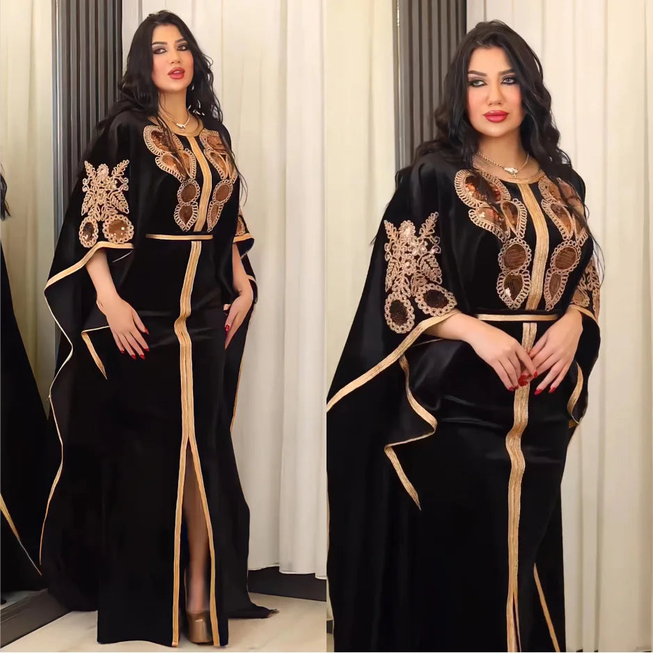 Ramadan Luxury Muslim Fashion Bat Sleeve Moroccan Turkiye Dubai Dress Middle East Arab Dress Sequins Golden Velvet Long Dress