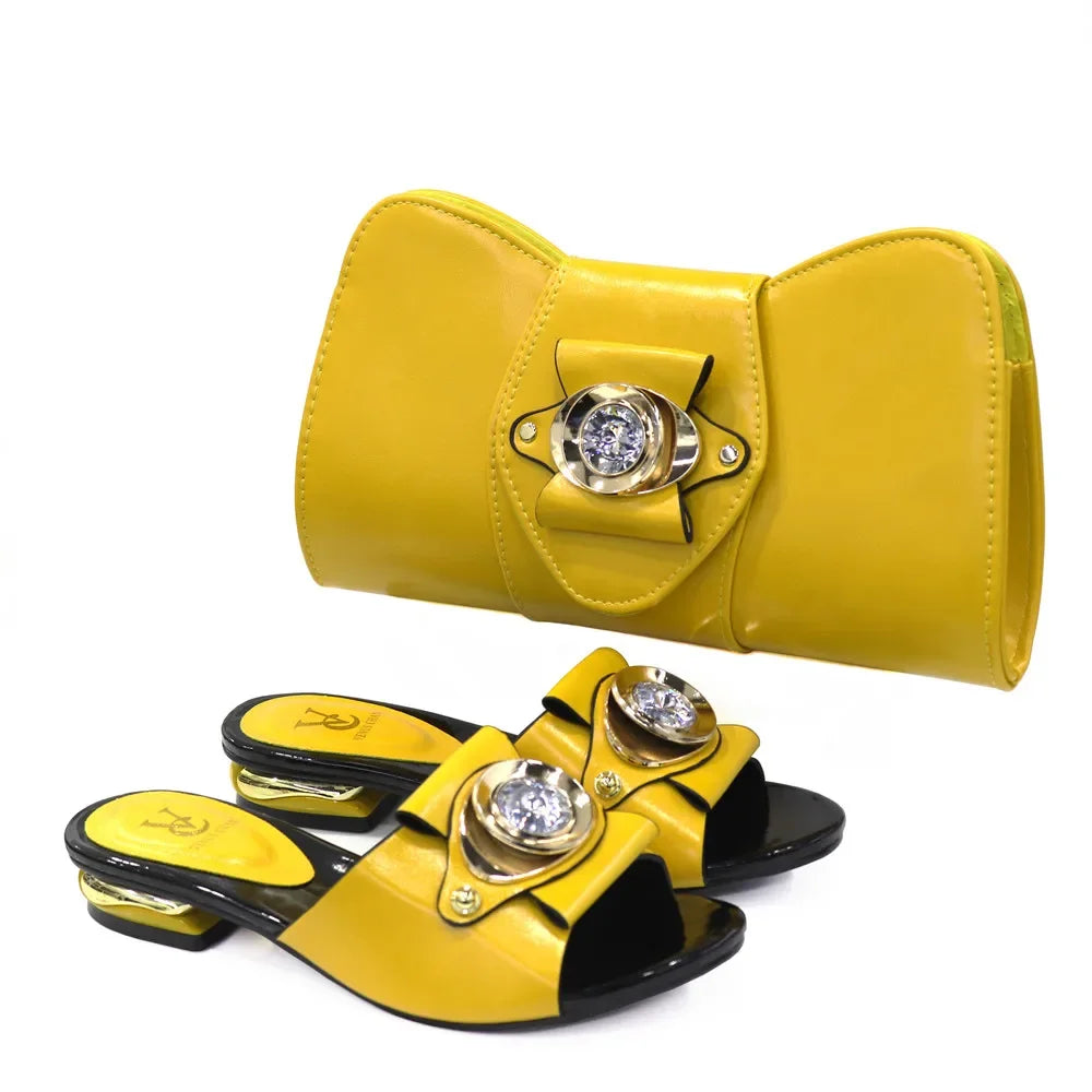 2024 Latest Italian Design Fashion African Women's Low Heel Comfortable Shoes and Bags Set Leather Casual Ladies Slippers
