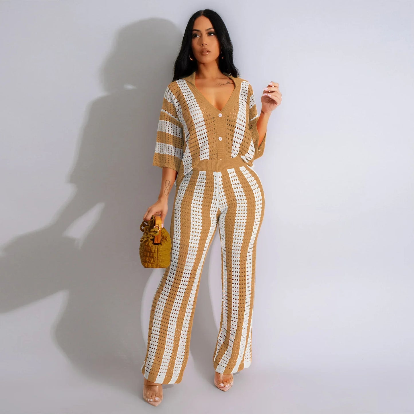 CM.YAYA Knit Ribbon Women's Set Short Sleeve Shirts and Wide Leg Pants 2024 Summer Beach Two 2 Piece Sets Outfits Tracksuit