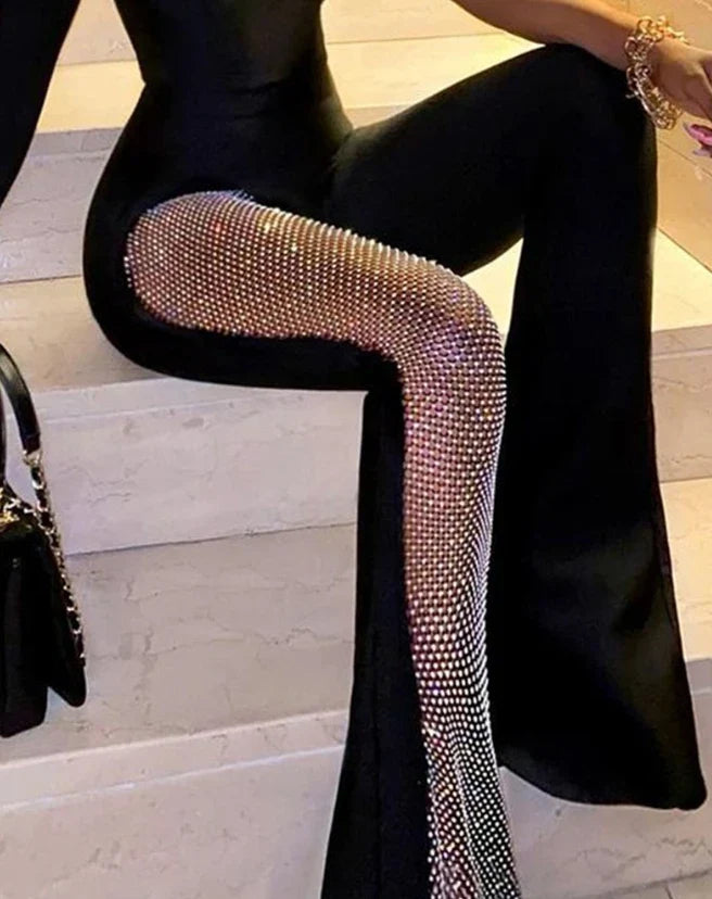 Women's Spring Fashion Rhinestone Fishnet Patch Sexy Jumpsuit