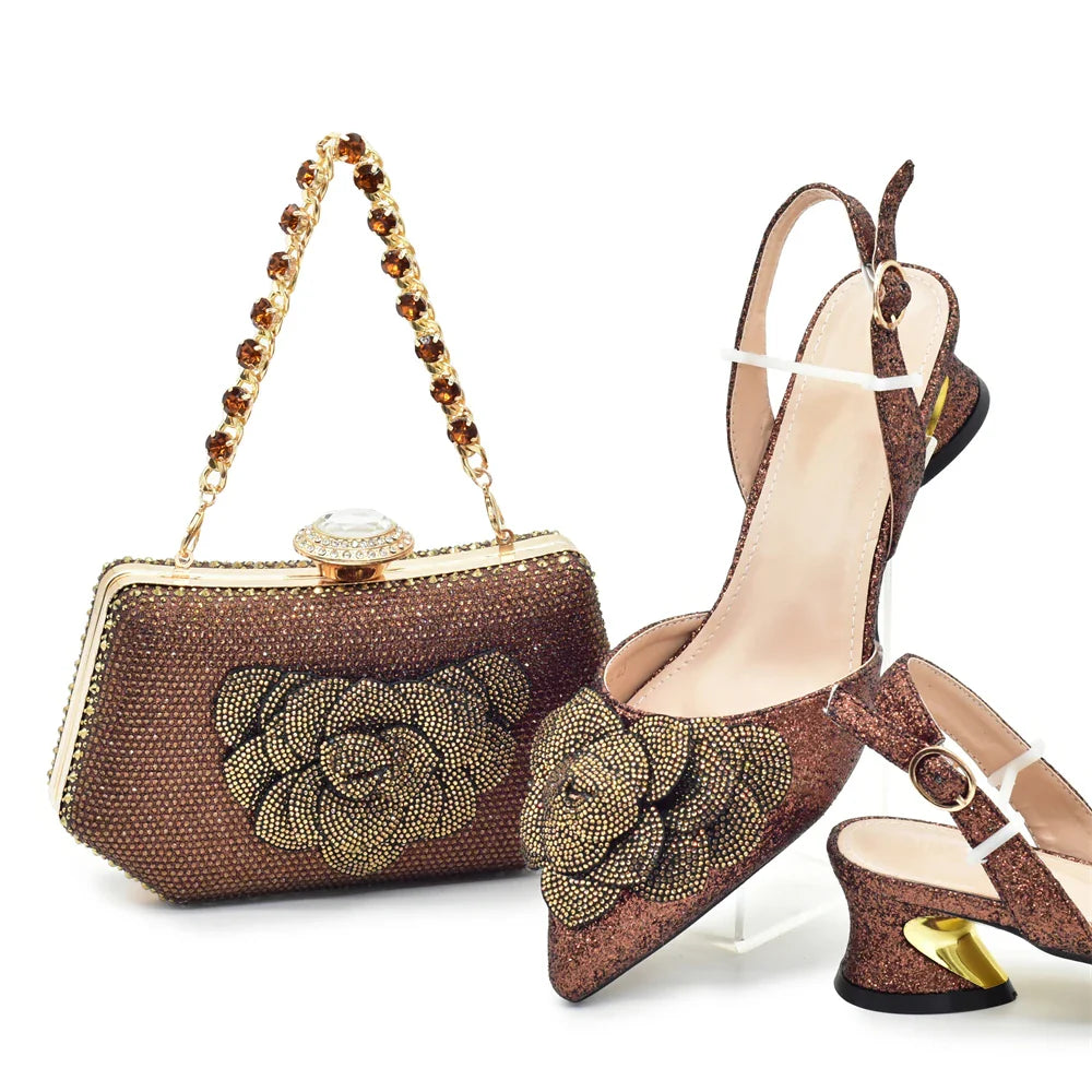 Women's Shoe and Bag Set Latest Luxury Italian Rhinstone Design for Wedding and Party