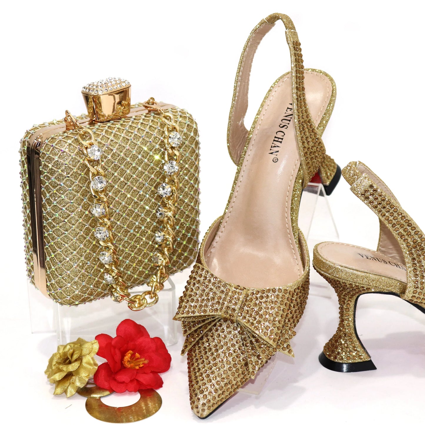 Women's Elegant Embellished Shoes and Bag Set Pointed Toe Pumps for Wedding Party