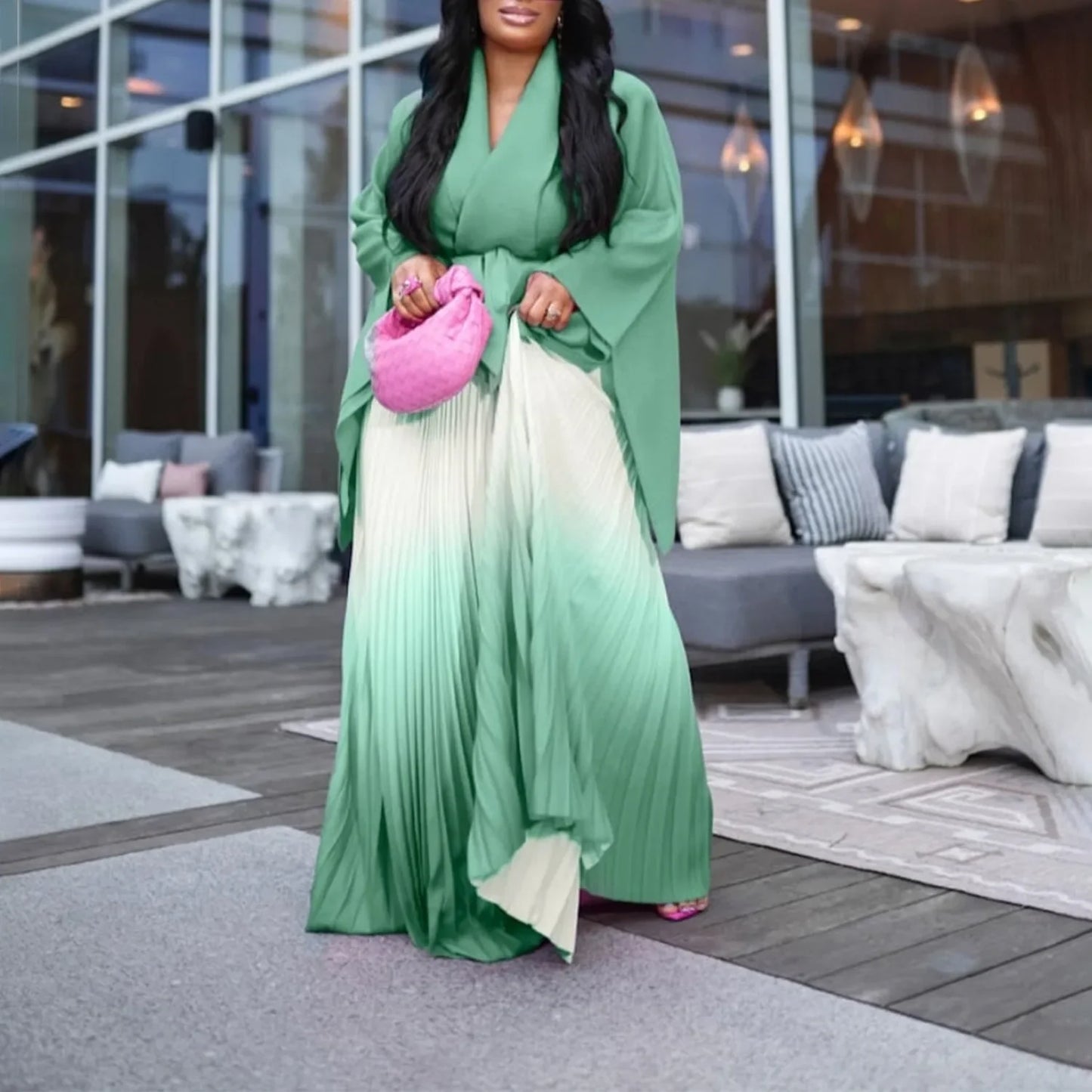 CM.YAYA Gradient Women's Set Full Sleeve Belt Blouse Shirt and Pleated Long Skirts Suit Street Two 2 Piece Set Outfit Tracksuit