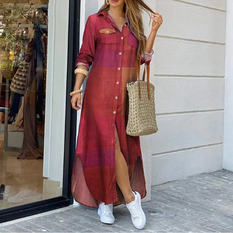 Long Sleeve Dress Plaid Robe Maxi Beach Dress Summer Elegant Women Button Irregular Shirt Dress Split Print Lapel Party Robe