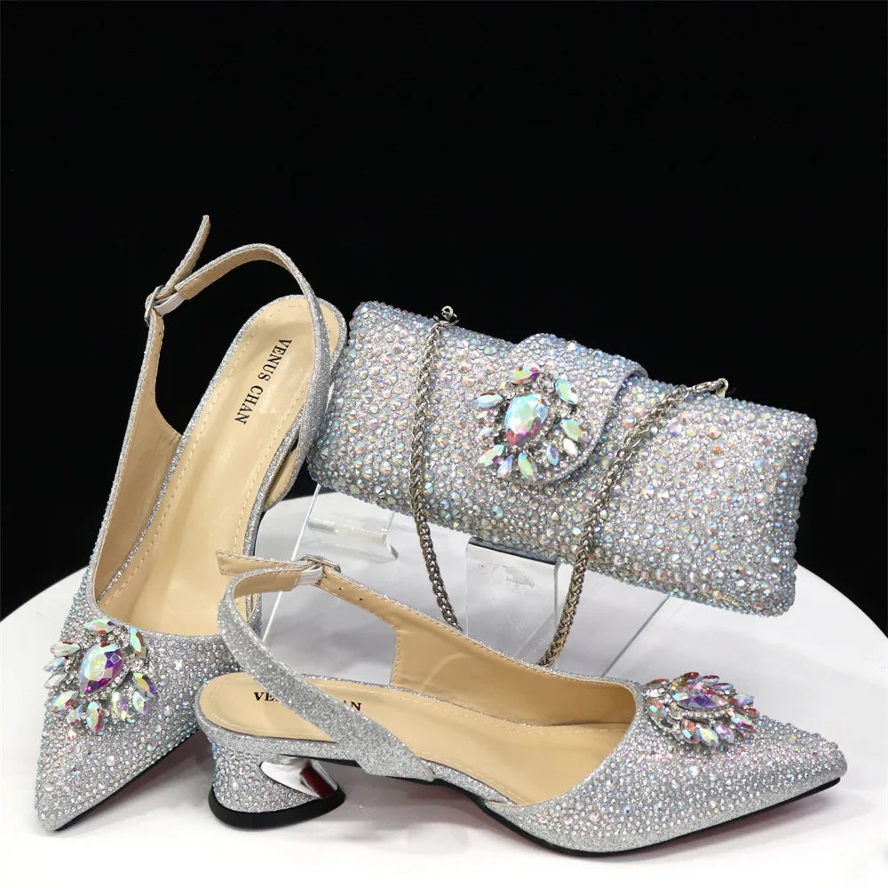 Elegant Women's Low Heels Italian Shoes And Bag Set