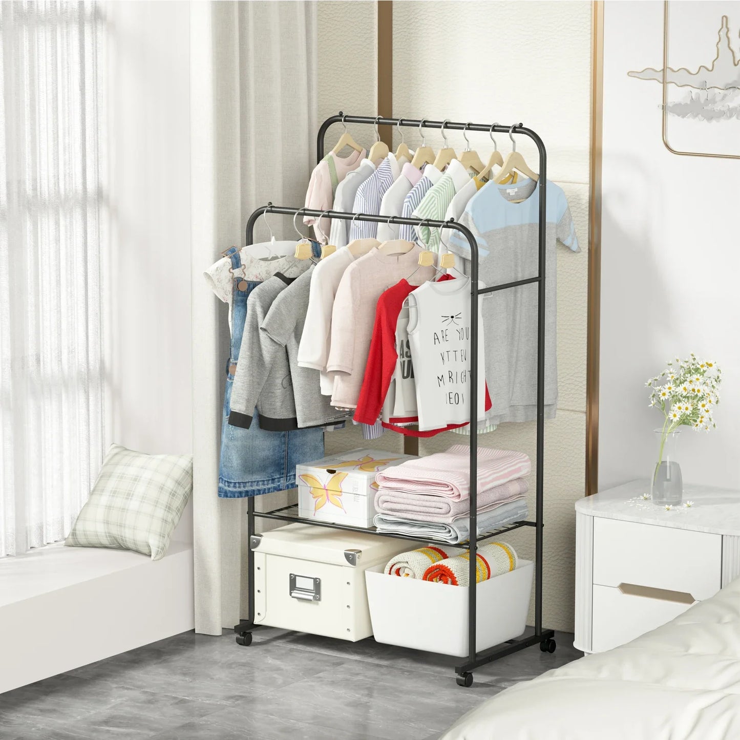 Heavy Metal Double Clothes Rail Hanging Rack Garment Display Stand Storage Shelf Rolling Closet Organizer