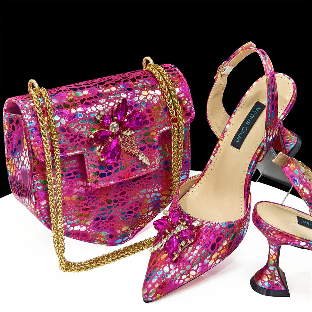 2024 Champagne Color Thin Heels Pointed Toe Crystal Design Ladies Shoes Matching Bag Set For Women Weeding Party Pump