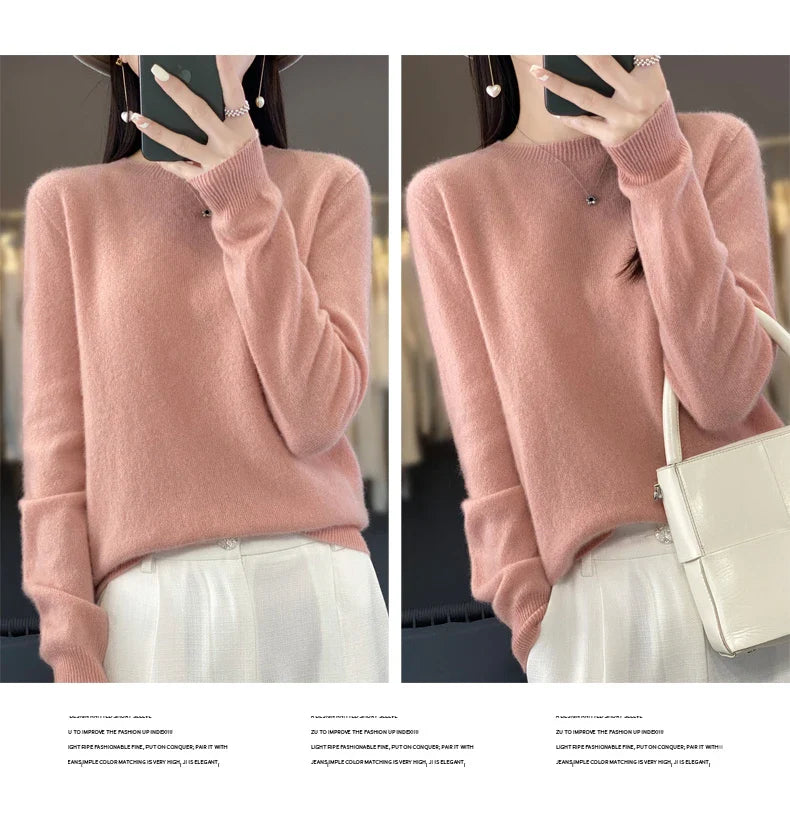 100% Merino Wool Women’s Sweater – Soft Cashmere-Feel O-Neck Pullover, Autumn/Winter Warm Knit Top (14 Colours)