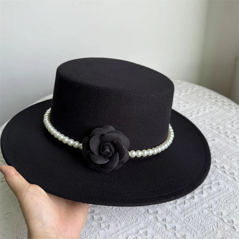 Women's Fashionable Fedora Hat 10CM Wide Brim Flat Top Felt Hats For Wedding And Jazz