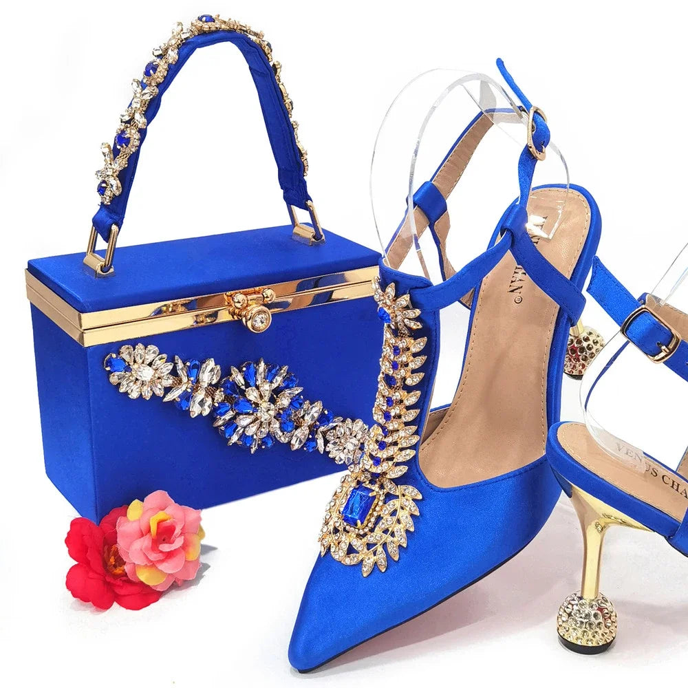 Women's Diamond Decorated Pointed Toe Italian Shoes And Bag Set