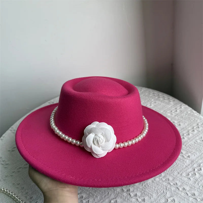 Women's Fashionable Fedora Hat 10CM Wide Brim Flat Top Felt Hats For Wedding And Jazz