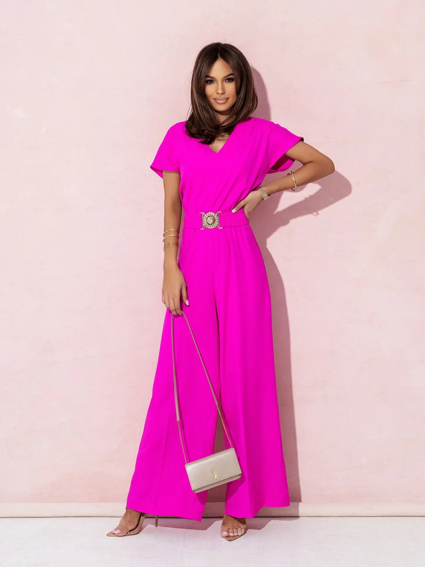 Fashion V-neck Short Sleeve High Waist Jumpsuit Women 2024 Summer Solid Wide Leg Elegant Romper Vintage Jumpsuits Overalls Women