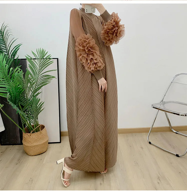 Pleated Maxi Long Dress Mesh Petal Sleeve Half Turtleneck Formal Dresses for Women 2024 New Hot Sales