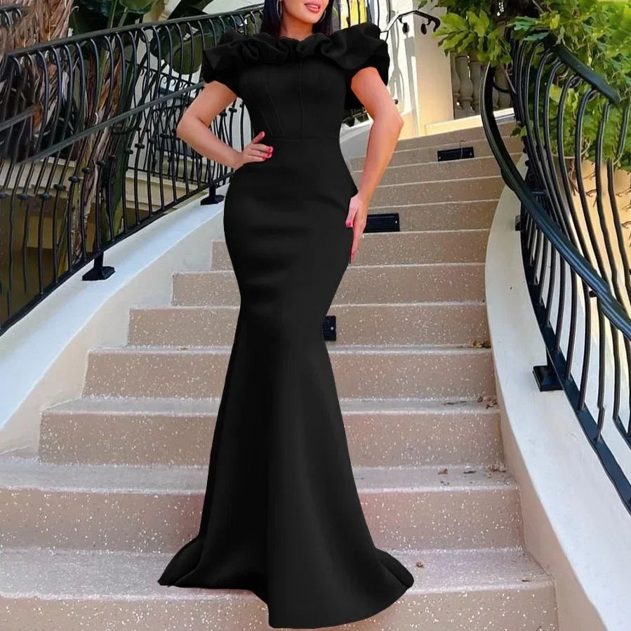 Elegant Long Dresses for Women Off Shoulder Short Sleeve Mermaid Floor Length