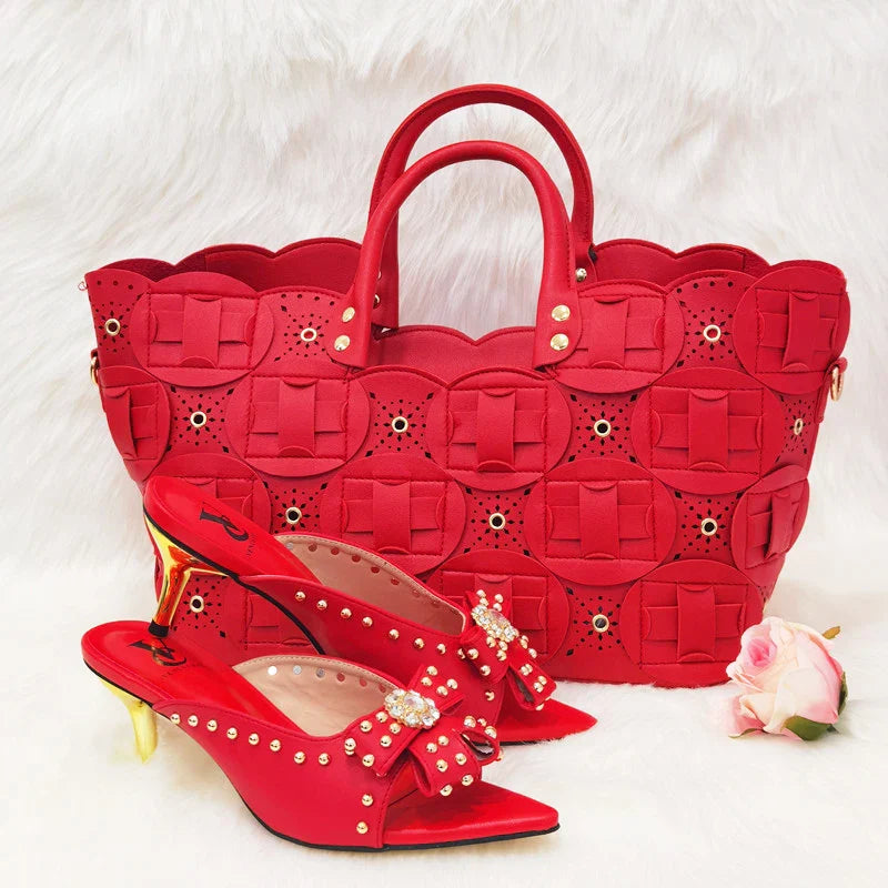 2022 Rivet Style  Women Shoes and Bag to Match in Color matching High Quality Nigerian Design Matching Shoes and Bag