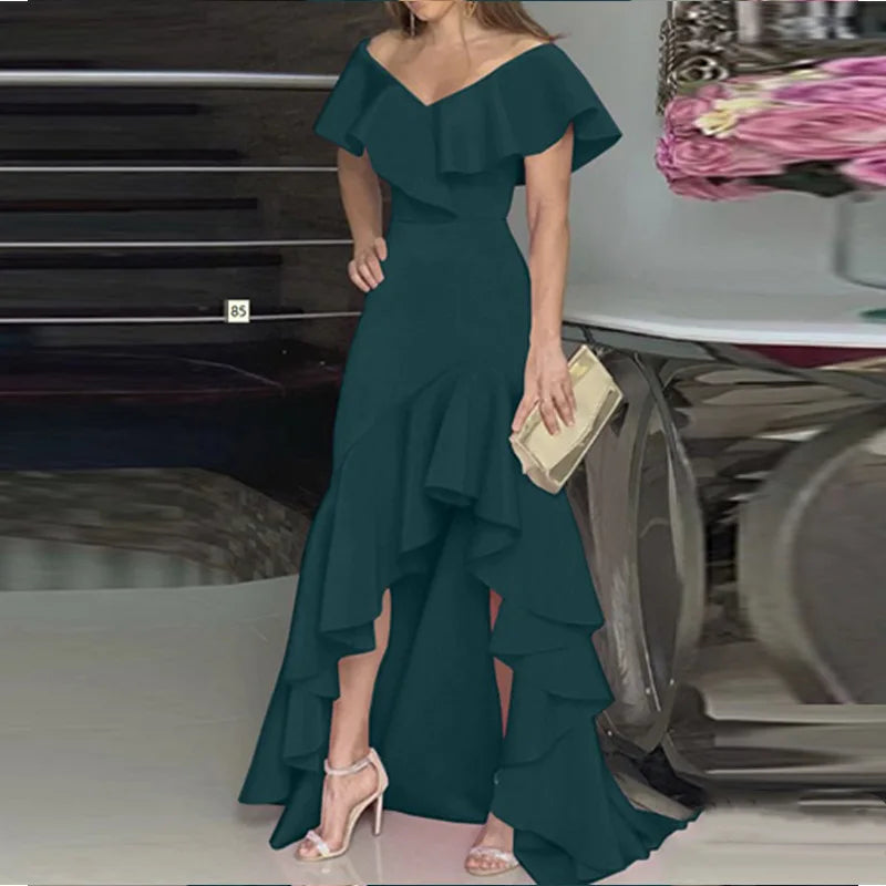 2023 Sexy V Neck Ruffles Party Dress Femme Elegant Summer Fashion Solid Sleeveless Slim Irregular Maxi Dresses For Women Robe