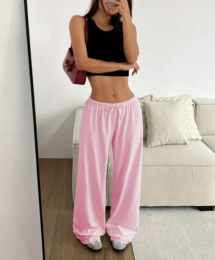 Women Casual Straight Leg Loose Solid Color Elastic Drawstring High Waisted Wide Leg Pants