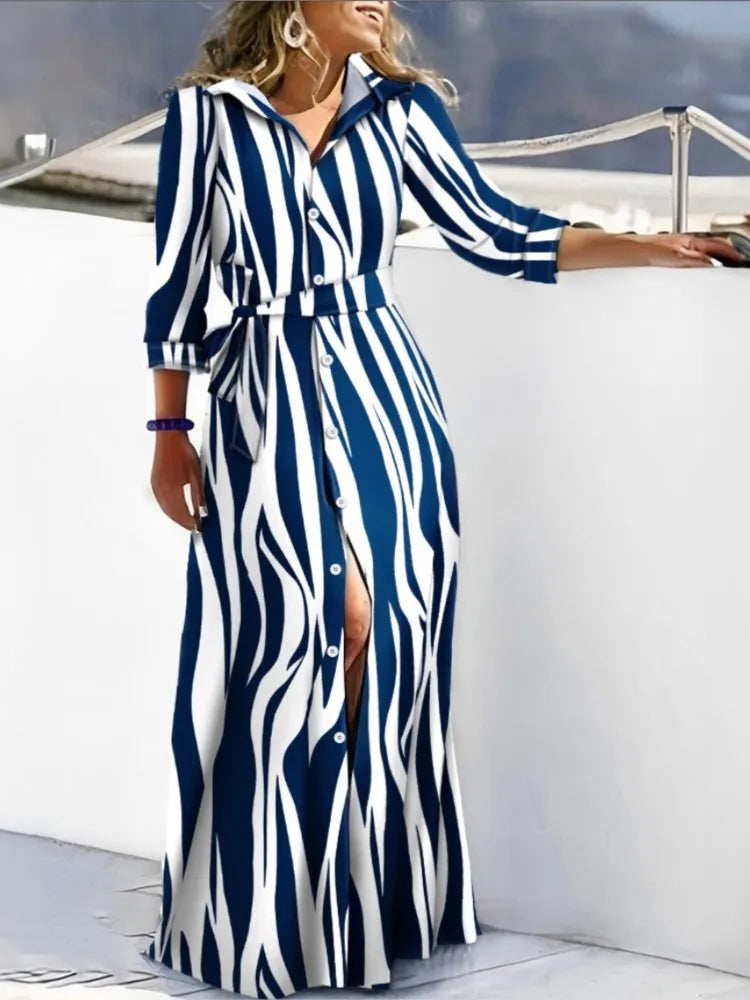 Autumn Lace-up Shirt Dresses Women Elegant Turn Down Collar Button Long Dress Women Fashion Striped Print Party Dress 2023