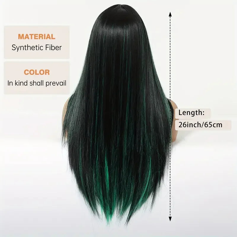 Long Black Green Mix Cospaly Wig Synthetic Hair High Quality Wig for Women Party Daily Use Heat Resistant Straight Natural Wigs