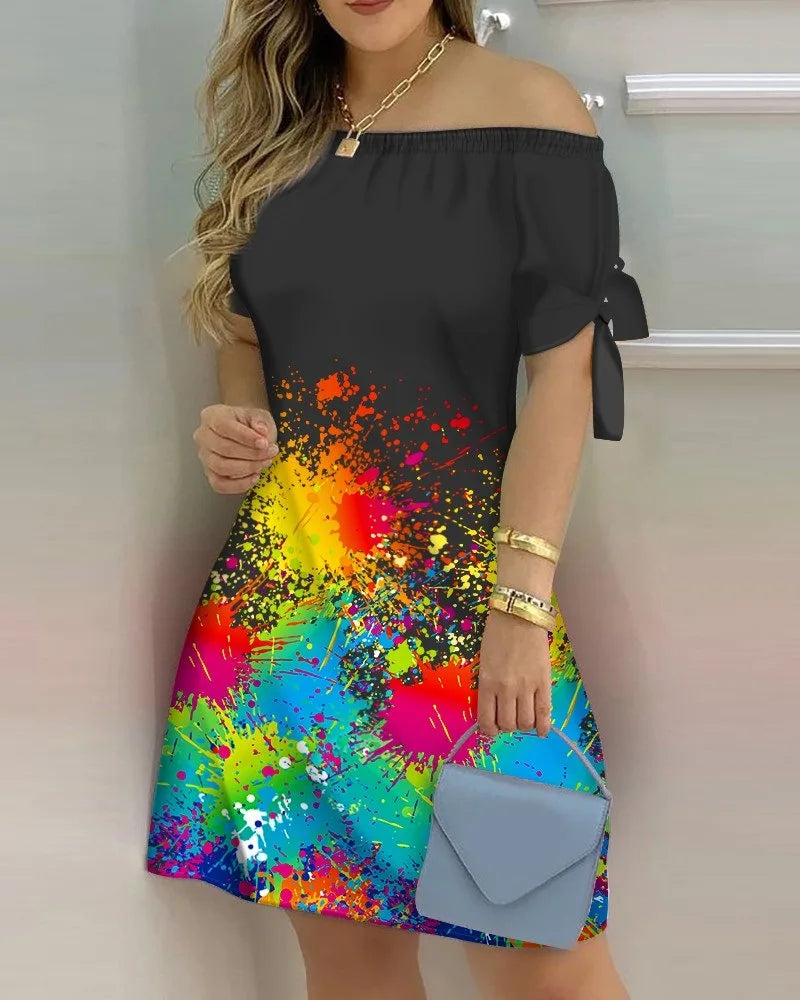 Fashionable Sexy Women's Print Dress Women's Word Shoulder Short -sleeved A -line Dress Ladies Off The Shoulder Mini Dresses