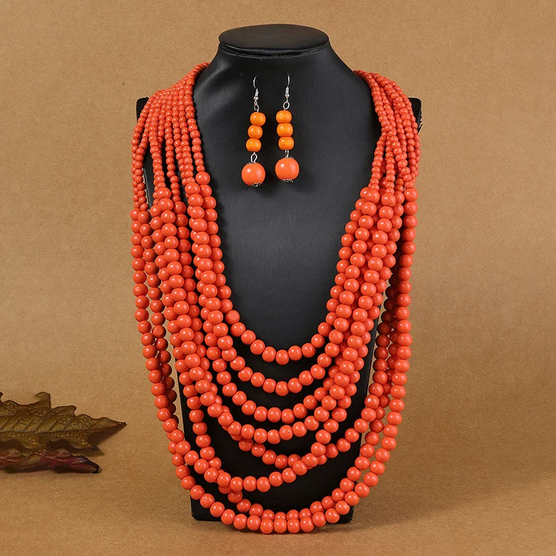 1SET African Style Multi-Layer Wooden Bead Jewelry Set Chokers Necklace Colorful Bohemian Necklace Earrings Set Party Jewelry